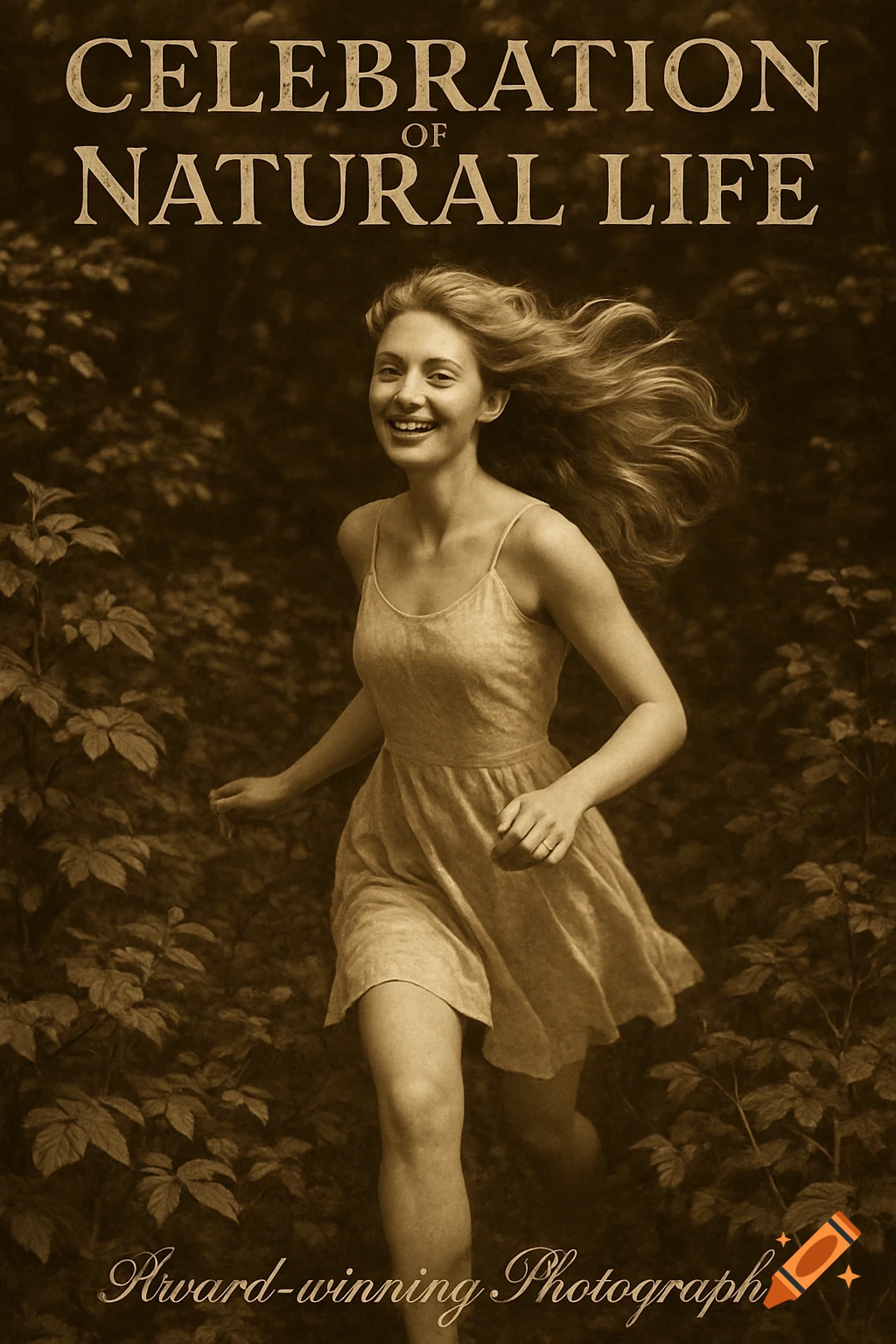 Sepia photo of a smiling young woman with long, flowing hair running through a forest. Text reads 'CELEBRATION OF NATURAL LIFE'.