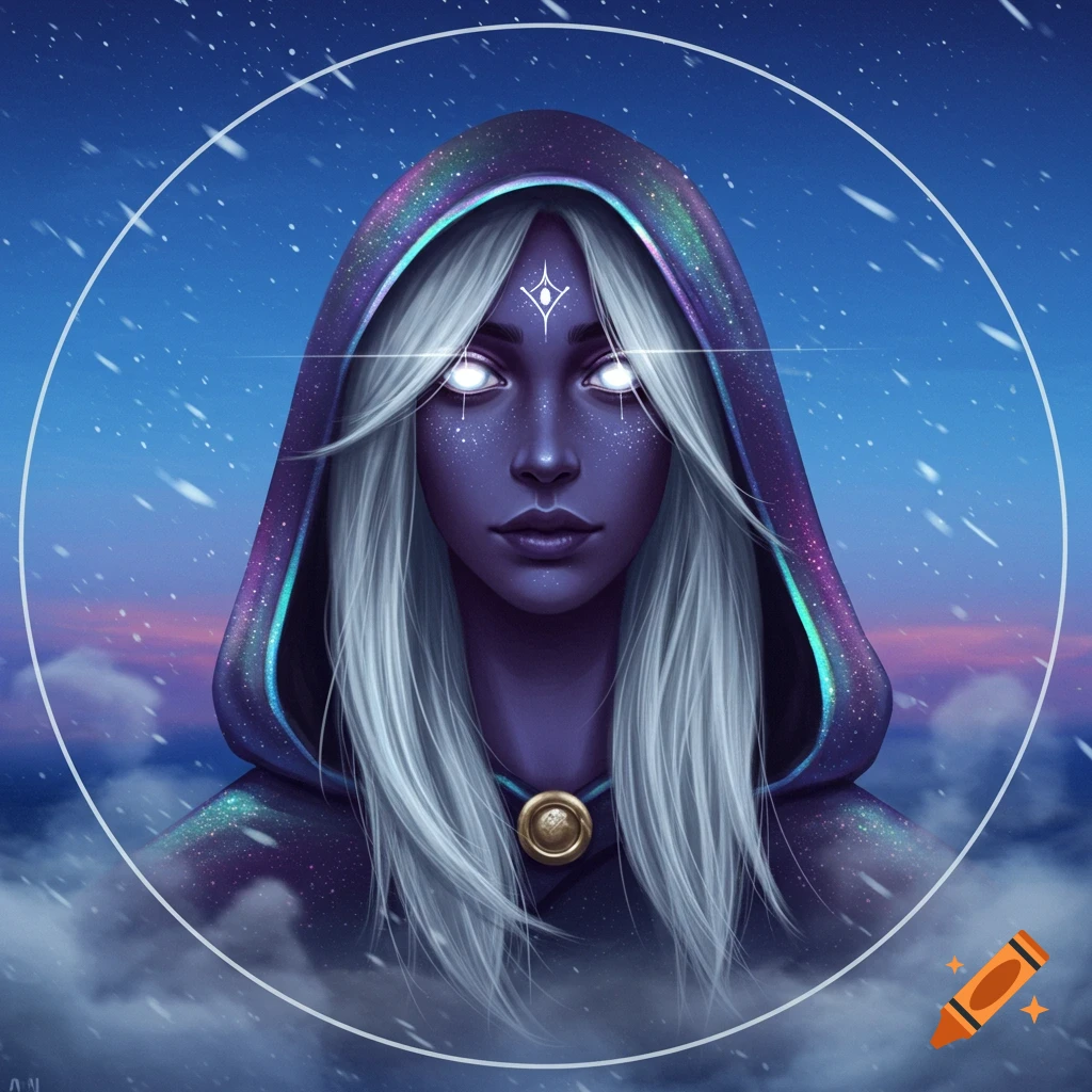 Fantasy portrait of a hooded figure with glowing eyes and purple skin against a starry, snowy sky.
