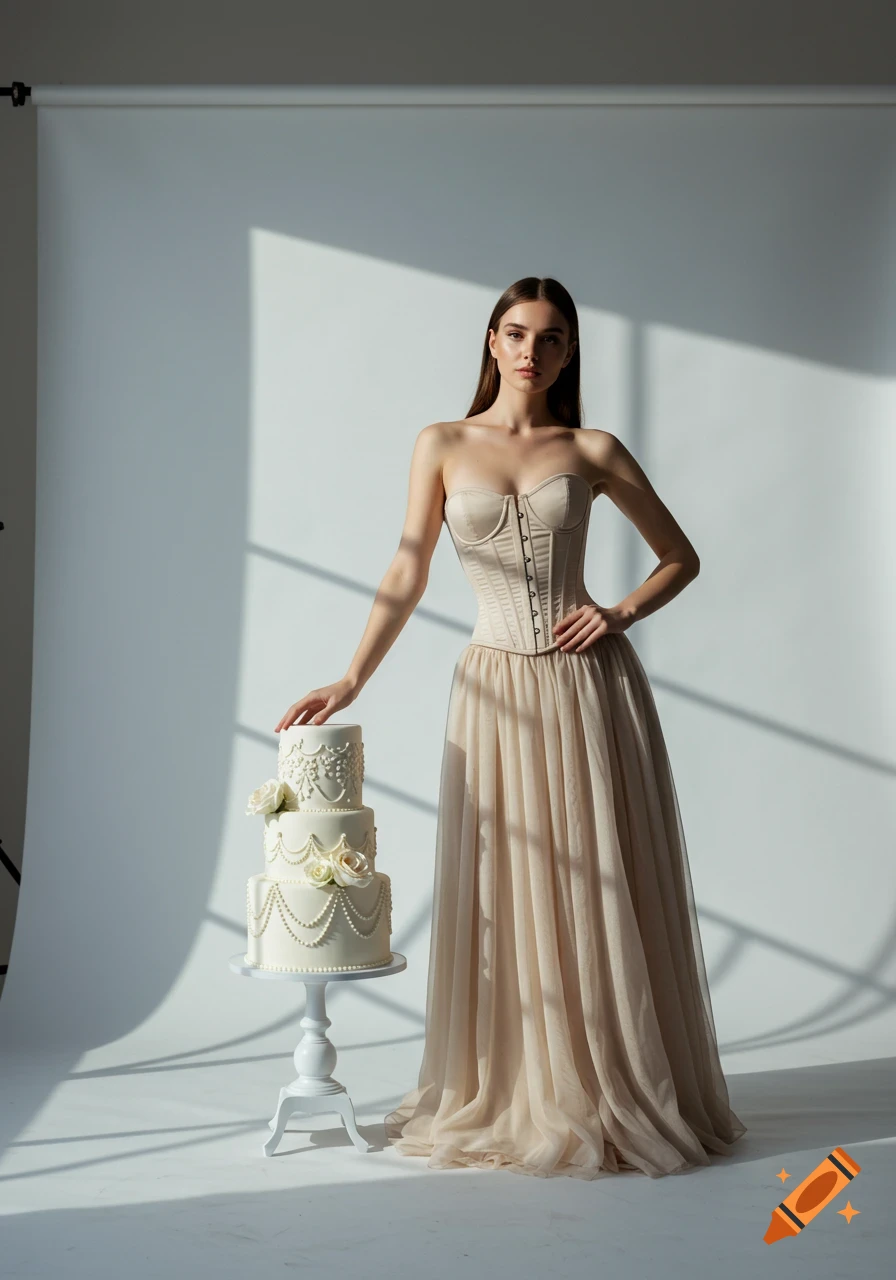 A woman in a beige corset and flowing skirt stands by a white tiered cake in a studio with dramatic lighting.