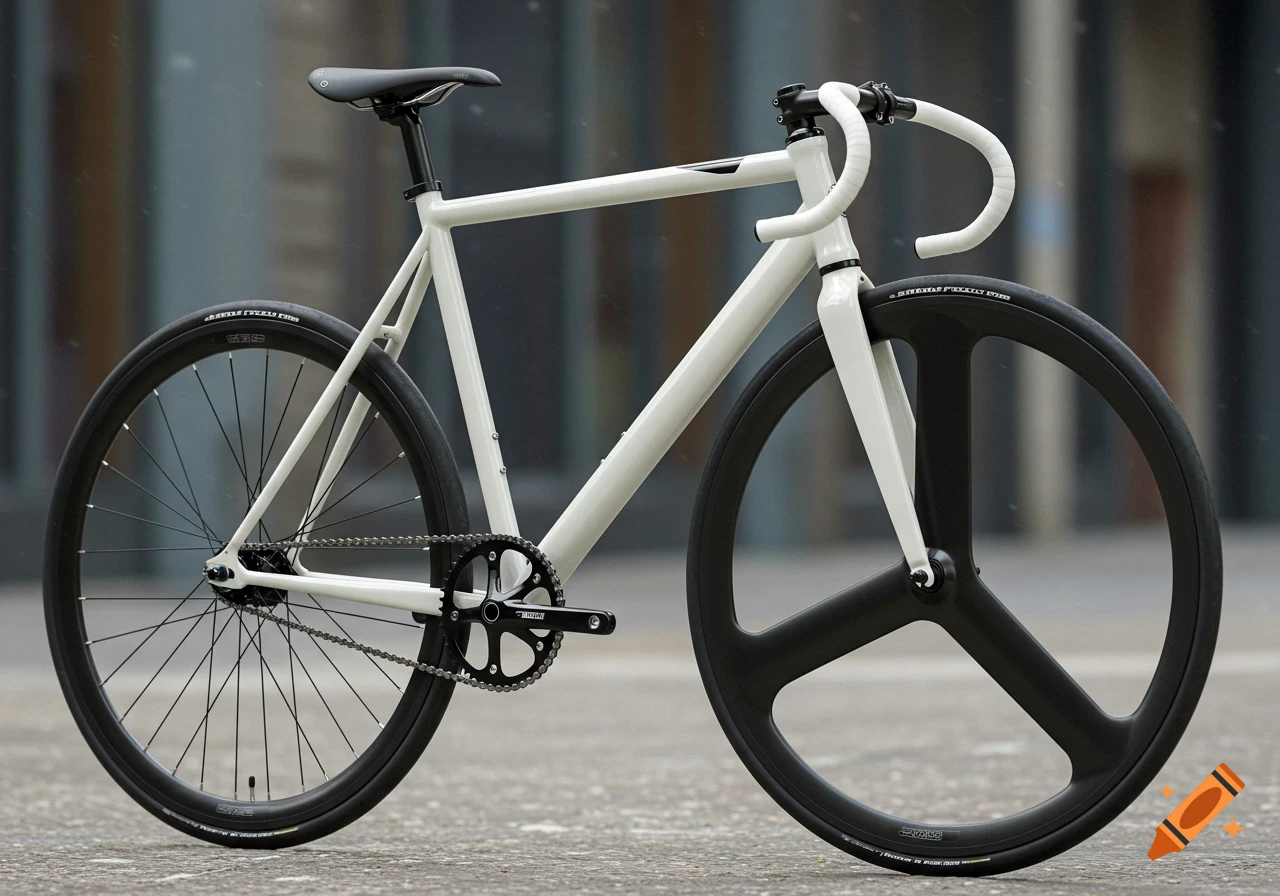 A sleek, white fixie bicycle with black three-spoke front wheel and a multi-spoke black rear wheel, standing on an urban street.