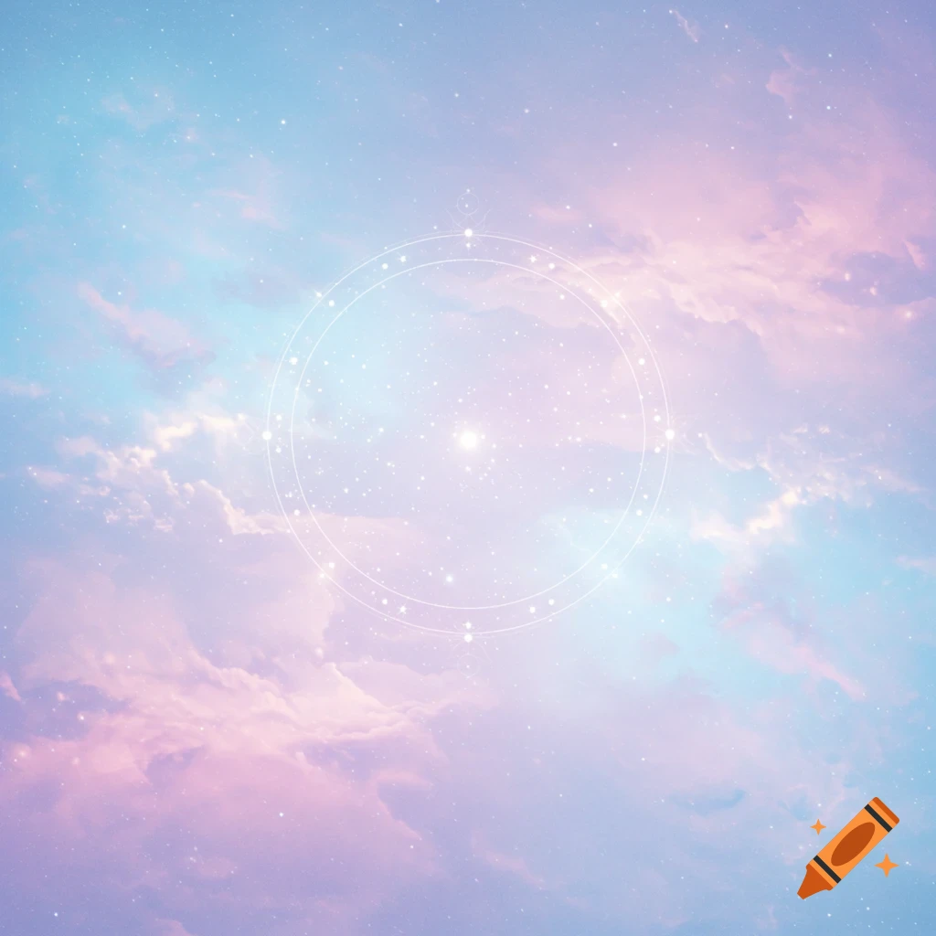 A dreamy pastel pink and blue sky filled with clouds, scattered stars, and a faint glowing geometric circular pattern.