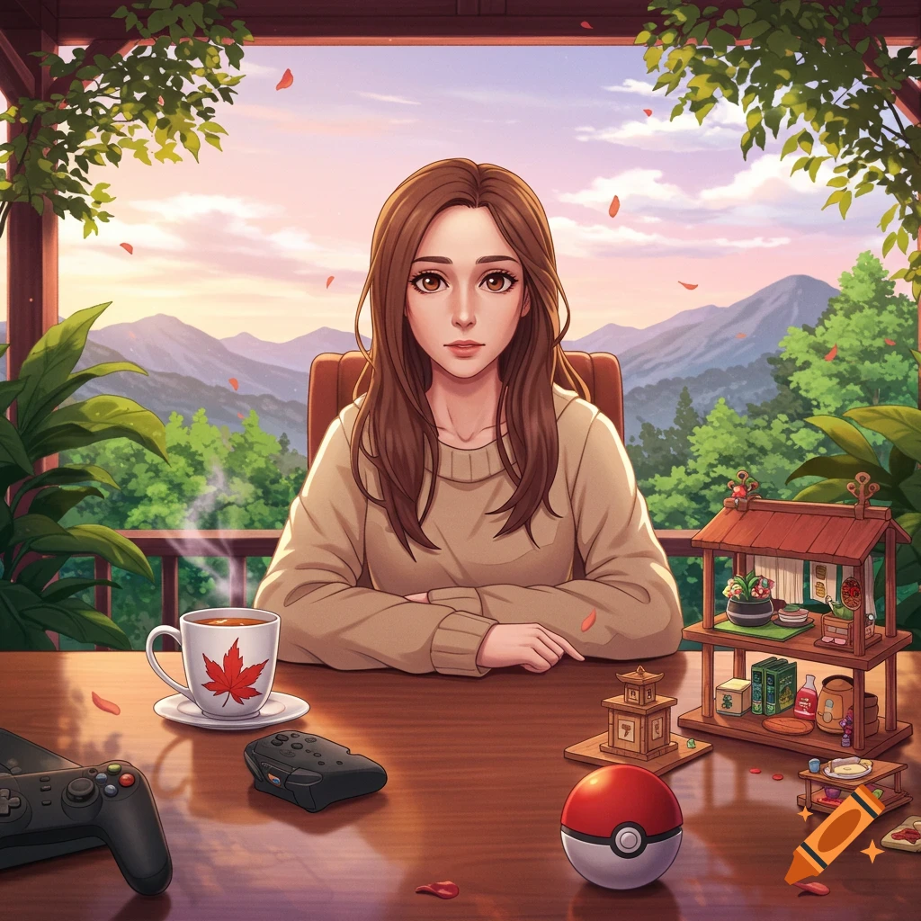 Anime-style portrait of a woman at a desk outdoors, surrounded by mountains and foliage, with a tea cup, game controllers, and a Pokeball on the desk.