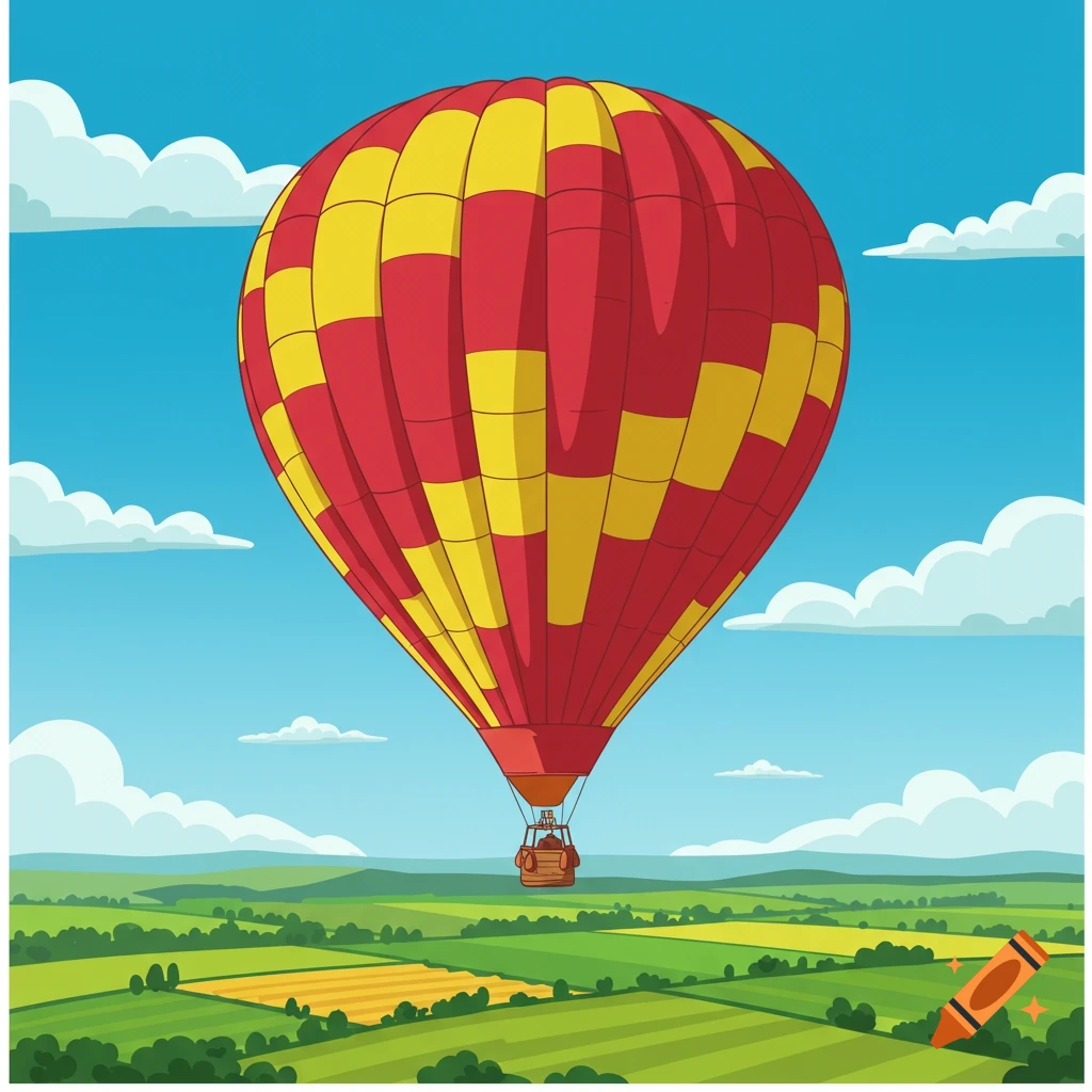 A red and yellow striped hot air balloon floats over green fields under a blue sky with white clouds, in a vector illustration style.