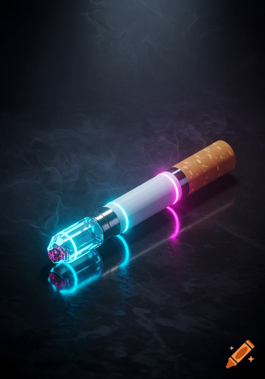 A futuristic cyberpunk cigarette made of chrome and crystal, glowing with blue and magenta neon lights on a dark, smoky background.
