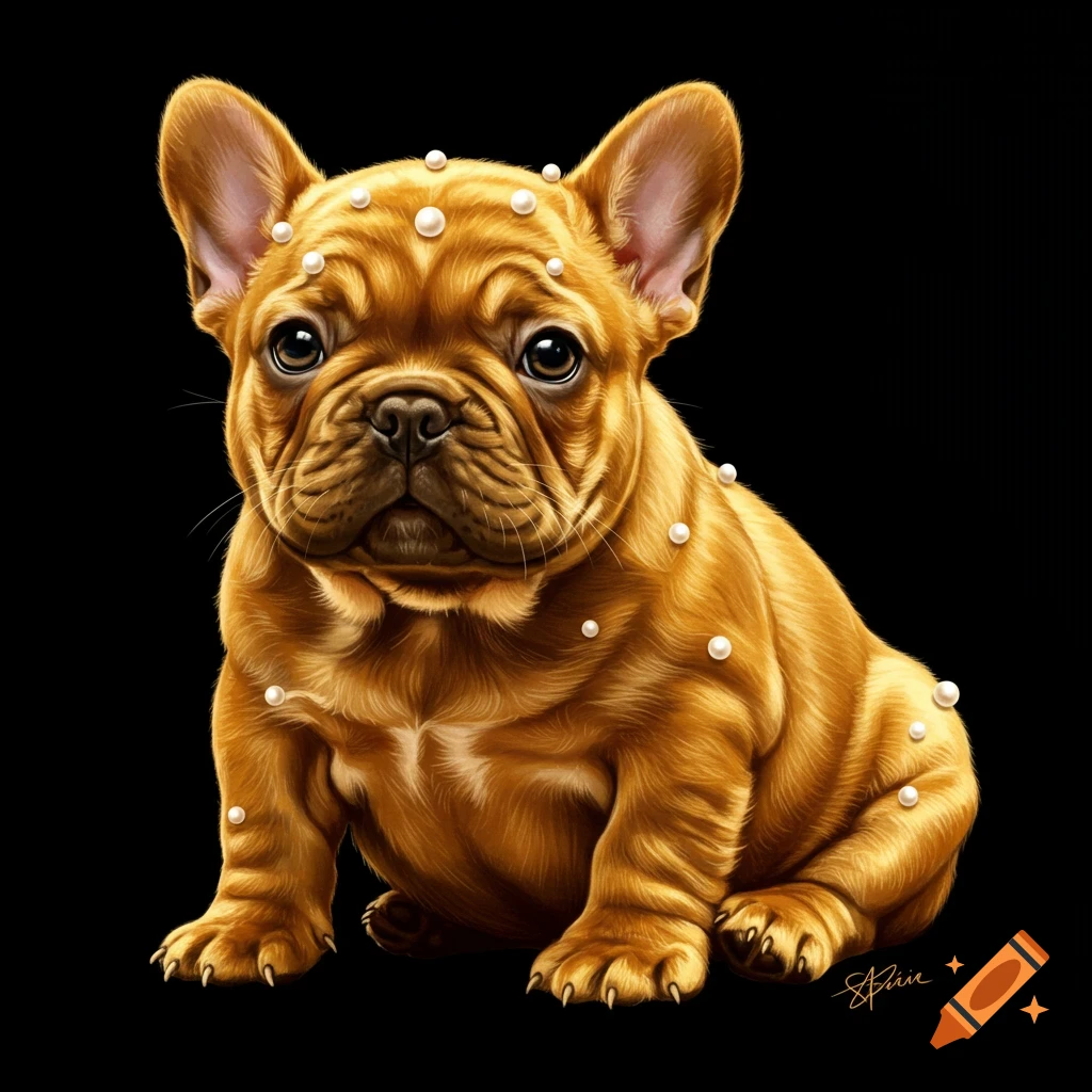A cute, golden-brown French bulldog puppy covered in white pearls sits on a black background, rendered in an illustrative style.