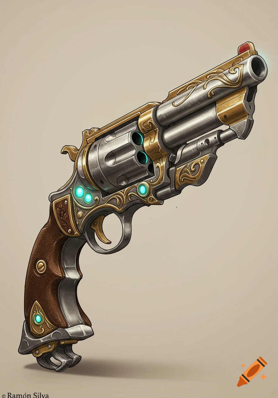 An ornate steampunk/sci-fi revolver with silver, gold, and glowing blue accents on a beige background.