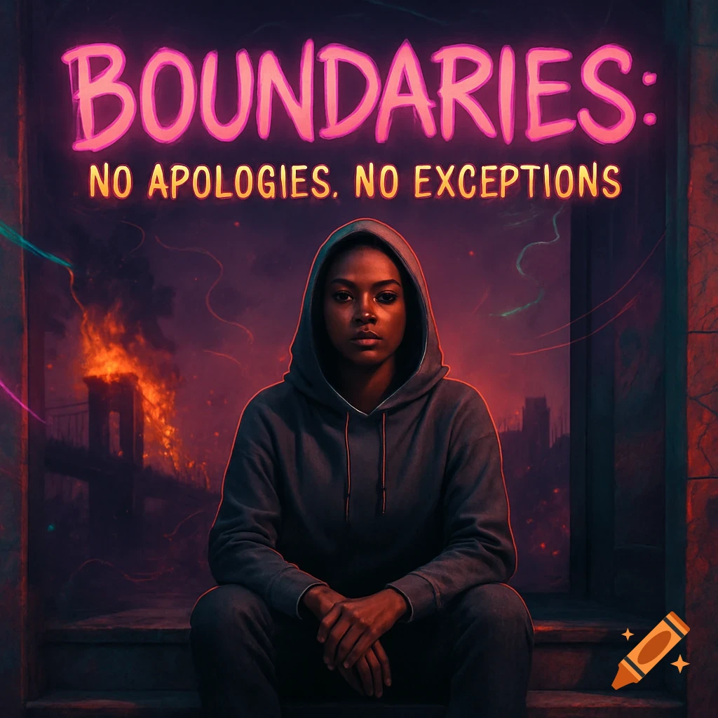 A confident Black woman in a hoodie sits on steps, with neon text 'Boundaries' above her, a burning bridge, and city skyline in the background.