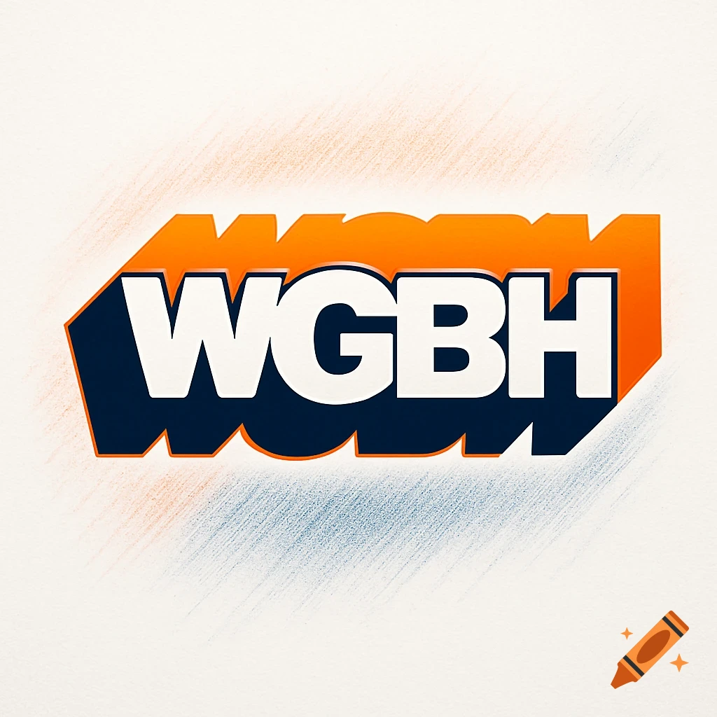 Stylized WGBH logo in white, dark blue, and orange with a textured background.