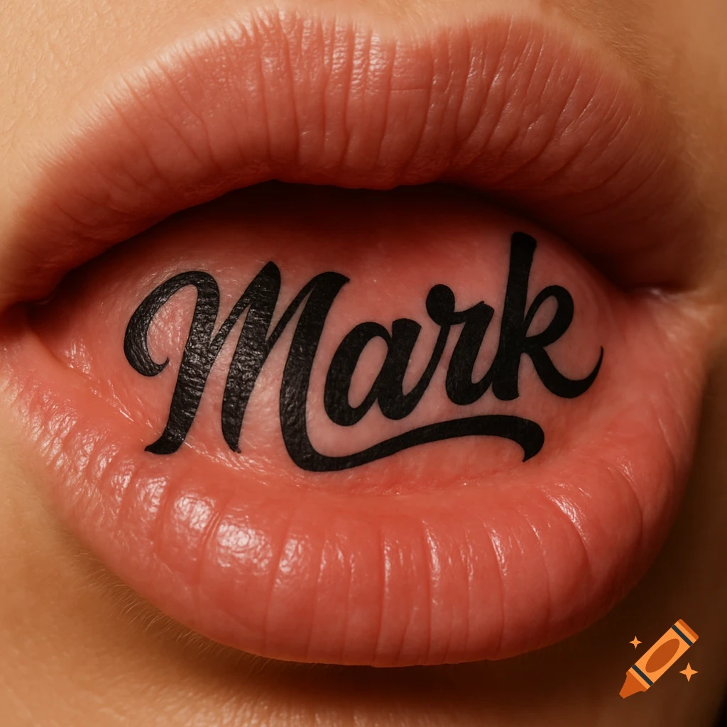 A photorealistic close-up of lips with an inside lip tattoo that reads 'Mark'.