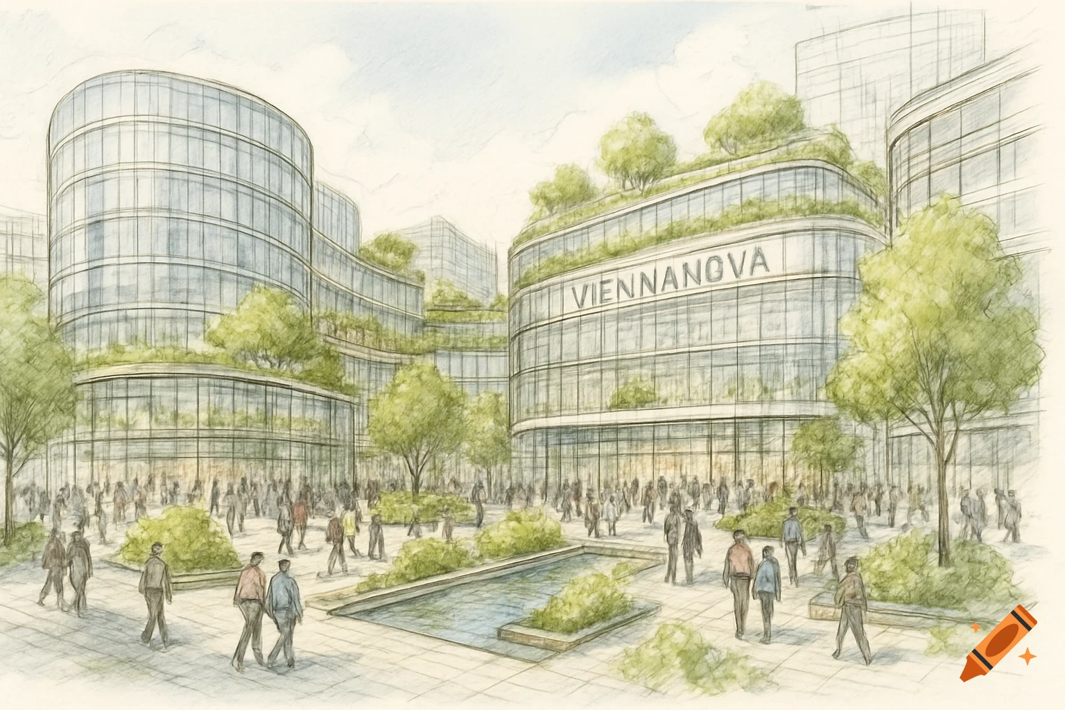 Architectural concept sketch of a modern city square with glass buildings, rooftop gardens, water features, and people walking.