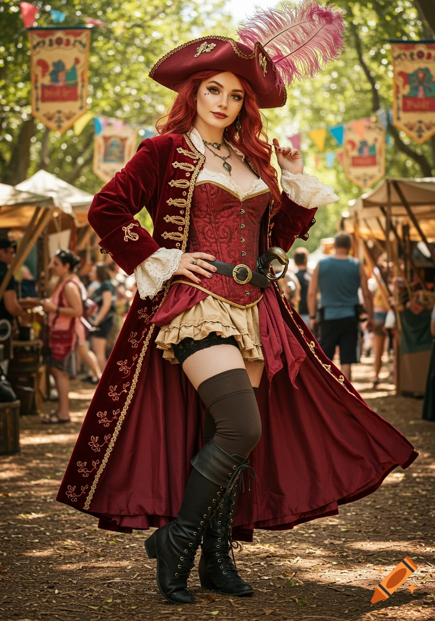 Photorealistic image of a woman in a red pirate costume with a feathered hat at a Renaissance festival.