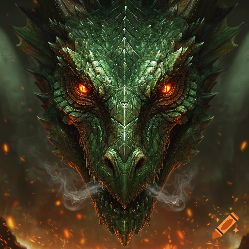 A detailed green dragon's head with glowing orange eyes and smoke from its nostrils, against a fiery background. Fantasy art.