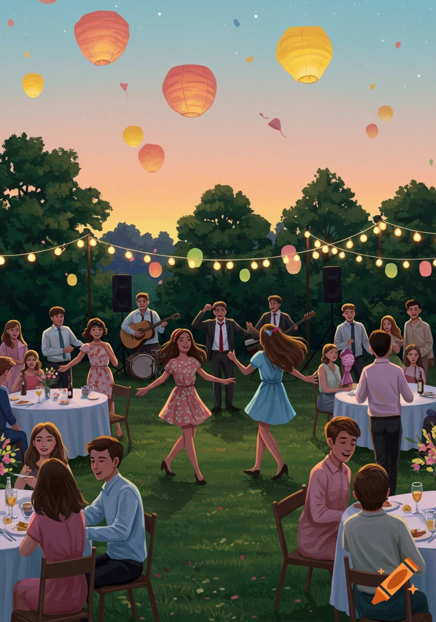 Illustrated outdoor party scene at dusk with people dancing, a band, and guests seated at tables under string lights and sky lanterns.