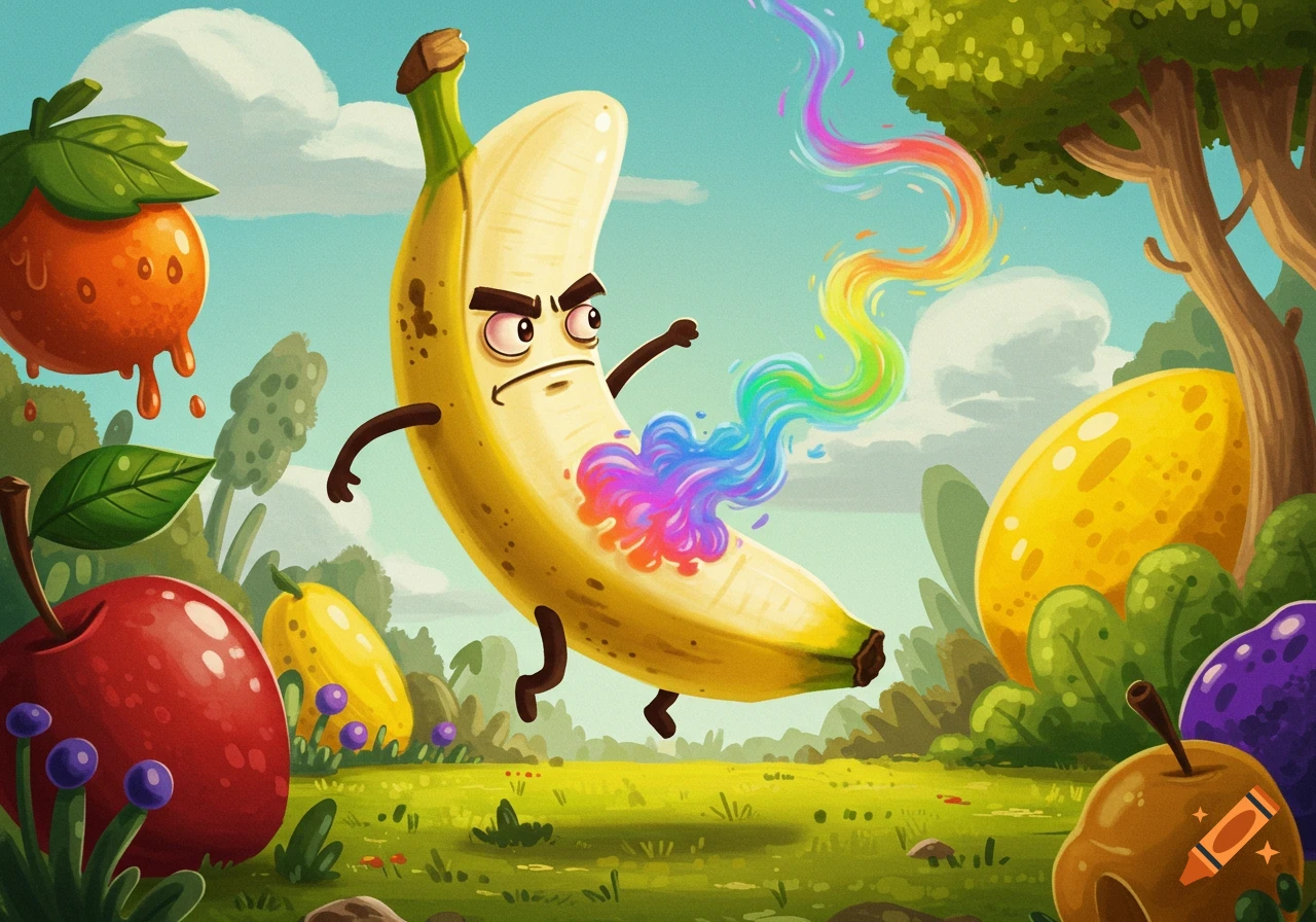 A cartoon angry banana emits a rainbow stream in a whimsical landscape surrounded by other colorful fruits.