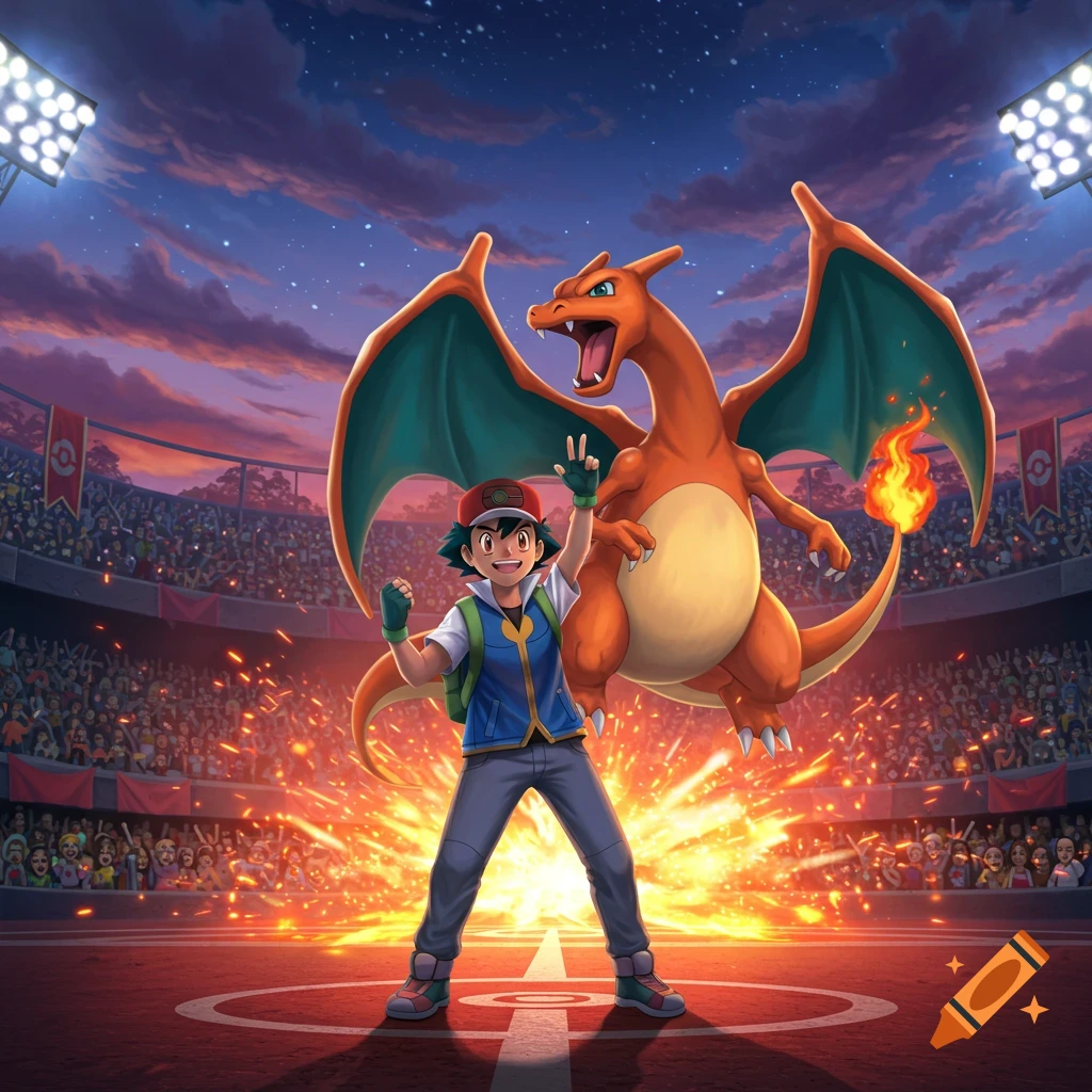 Ash Ketchum and Charizard stand victoriously in a fiery stadium before a cheering crowd, in a vibrant anime style.