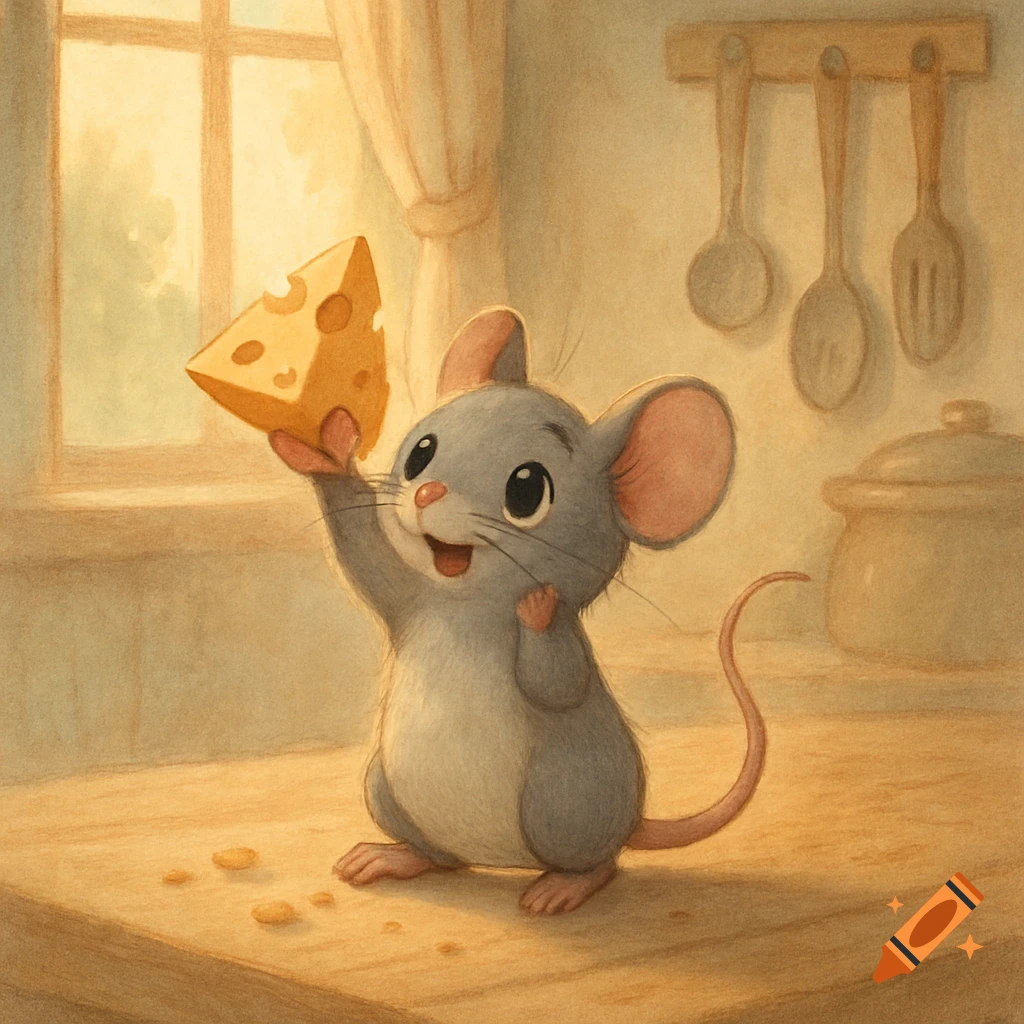 A cute, happy cartoon mouse holding a wedge of Swiss cheese in a sunlit kitchen with a soft, warm illustration style.