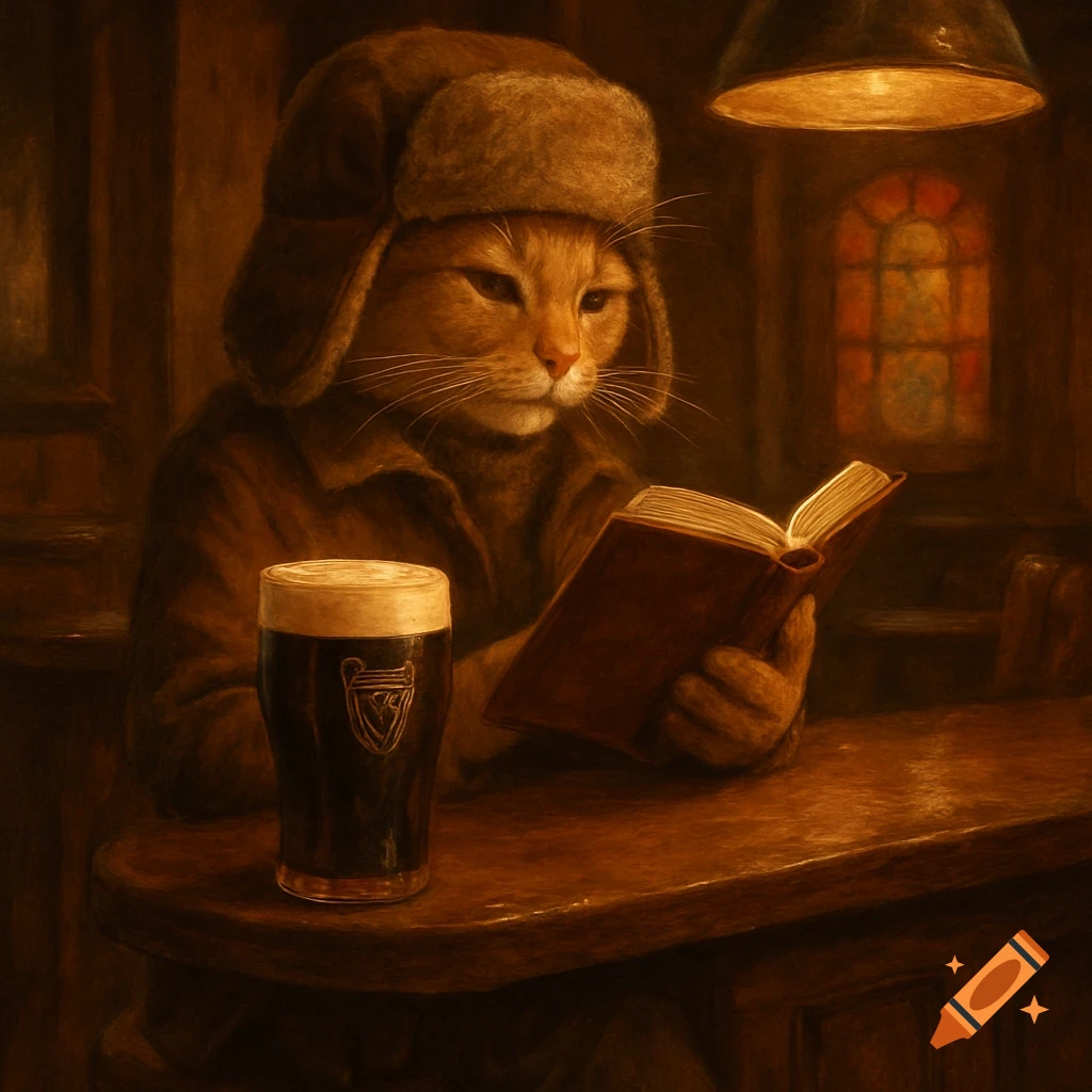 Anthropomorphic cat in a trapper hat reads a book at a dimly lit bar with a pint of Guinness, painterly style.
