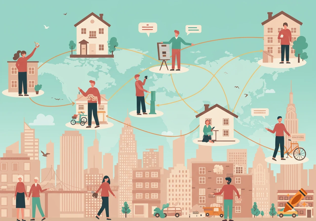 Flat-style illustration of people and houses linked by lines on a world map over a city, depicting a global network for finding apartments.