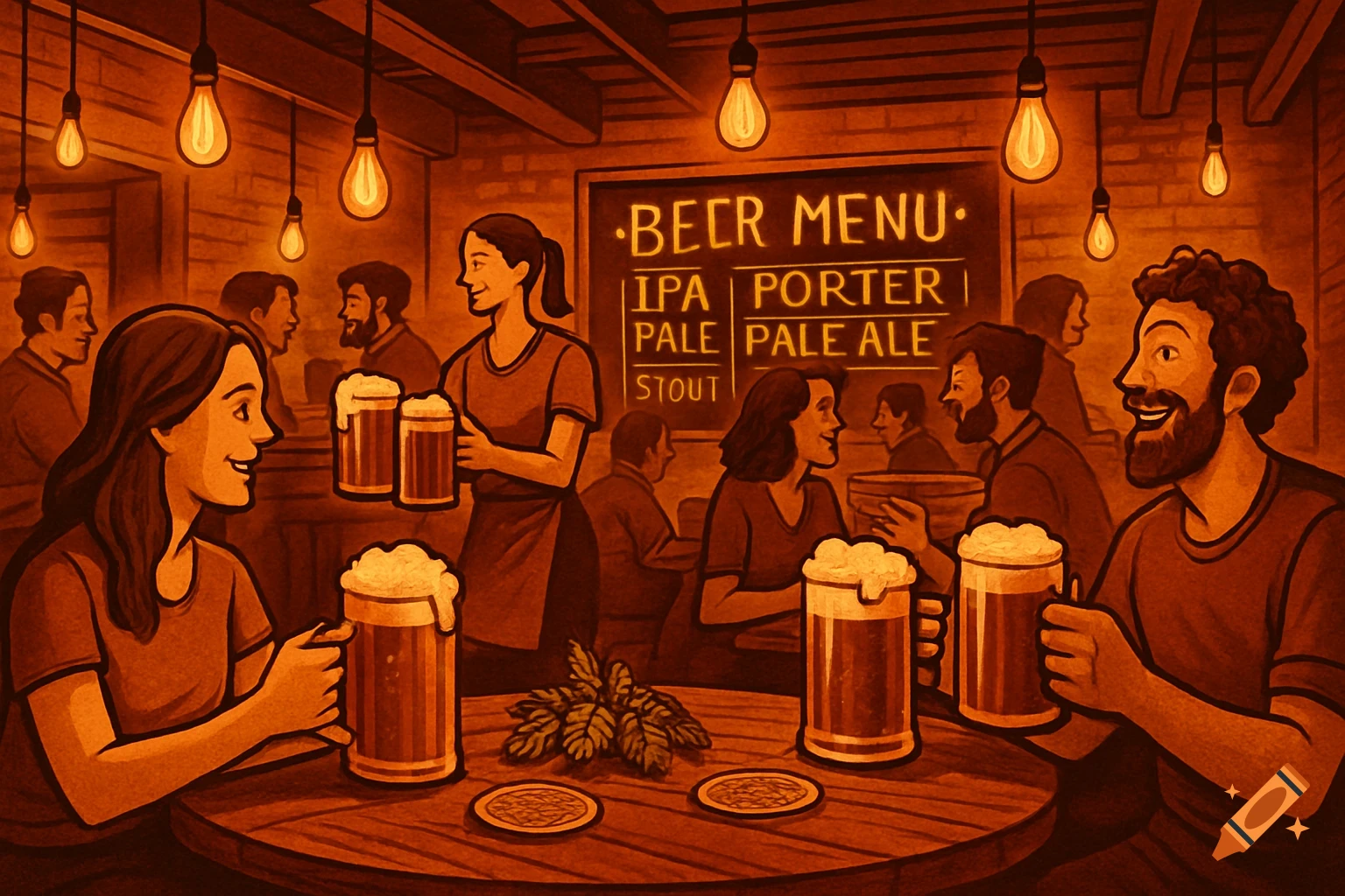 An illustration of people socializing and drinking beer in a warm-lit pub with a beer menu board.