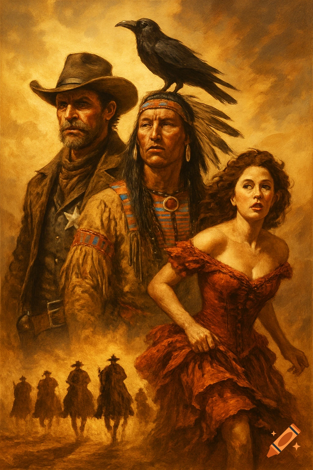 Painterly image of a cowboy, a Native American man with a crow, and a woman in a red dress fleeing from riders in a dusty Western scene.