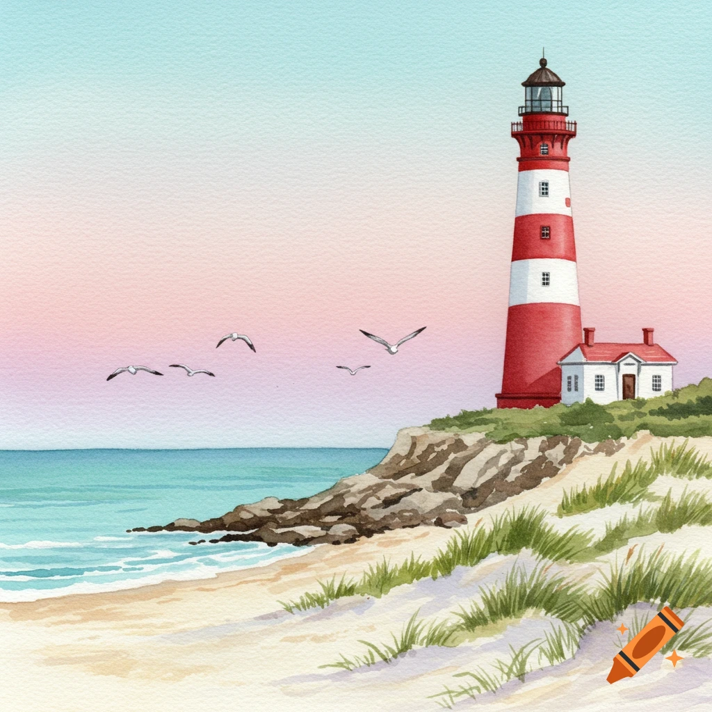 Watercolor painting of a red and white lighthouse on a rocky cliff next to a sandy beach with crashing waves and seagulls under a pastel sky.