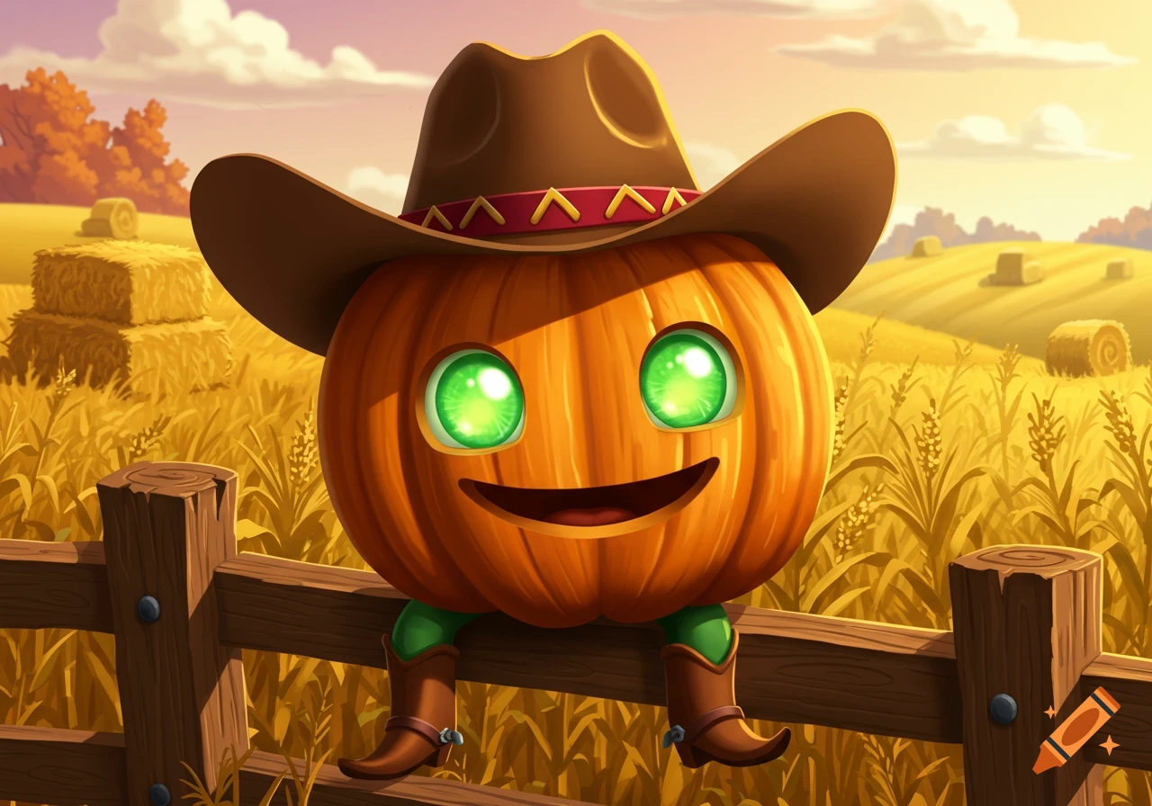 A smiling cartoon pumpkin with bright green eyes and a cowboy hat sits on a wooden fence in a sunny farm field.