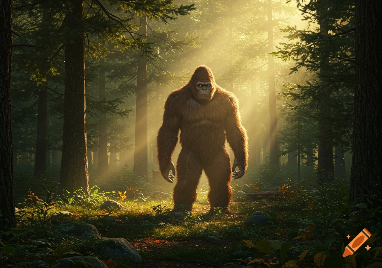 A large, hairy Bigfoot stands in a sunlit forest clearing, looking directly forward in a photorealistic style.