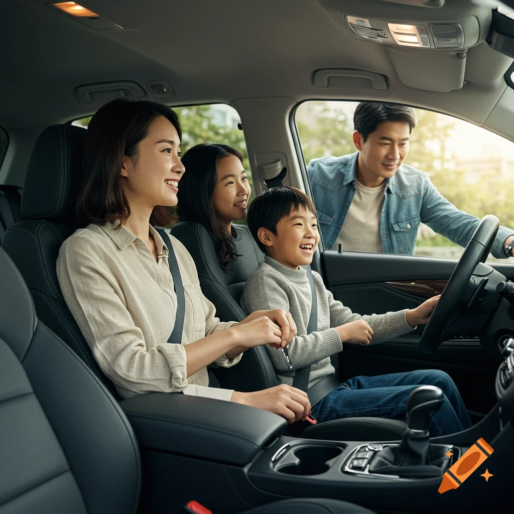 A smiling Korean family in a modern car, with the mother and son in the front and the father leaning in from outside, photorealistic.