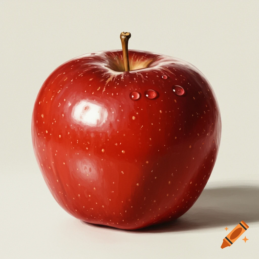 A realistic digital drawing of a vibrant red apple with water droplets and a stem on a light background.