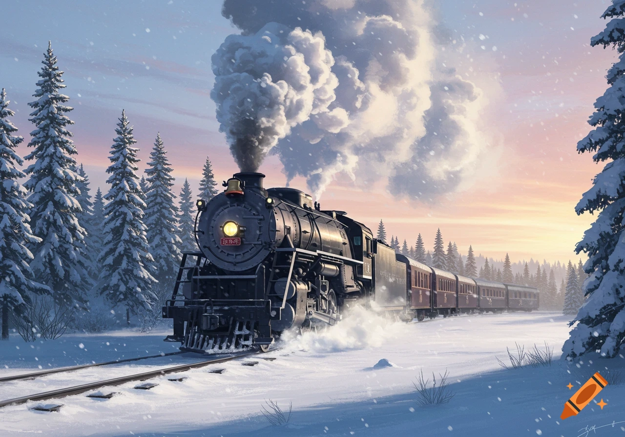 A powerful steam train travels through a snowy forest at dusk, billowing white smoke. Snow falls gently.