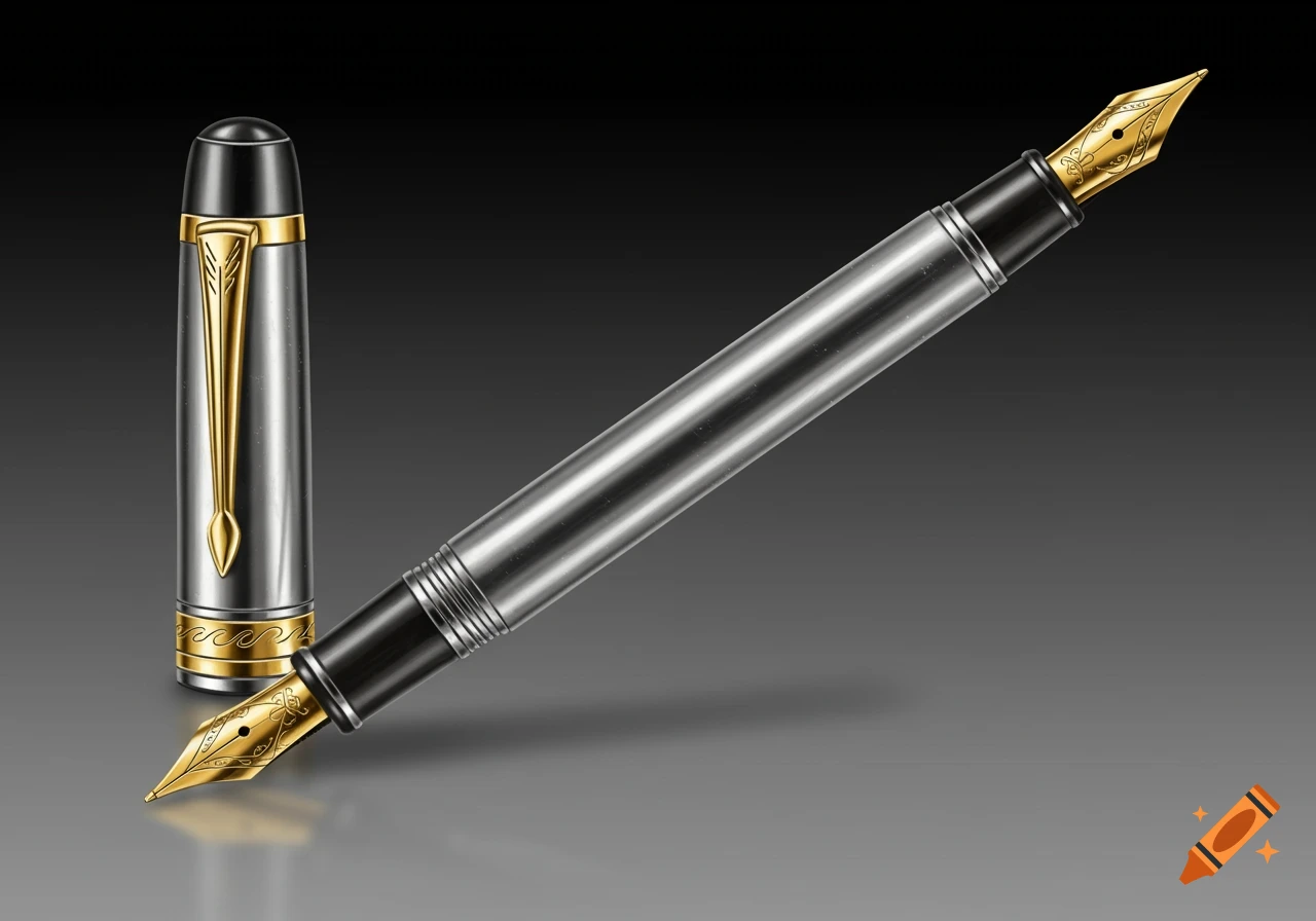 A detailed silver fountain pen with a gold nib and a matching cap, displayed on a dark gray gradient background.