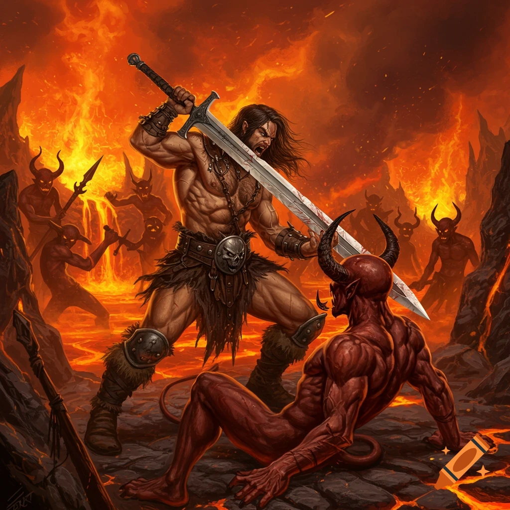 A muscular barbarian with a two-handed sword battles a red demon in a hellish landscape with fire and more demons.