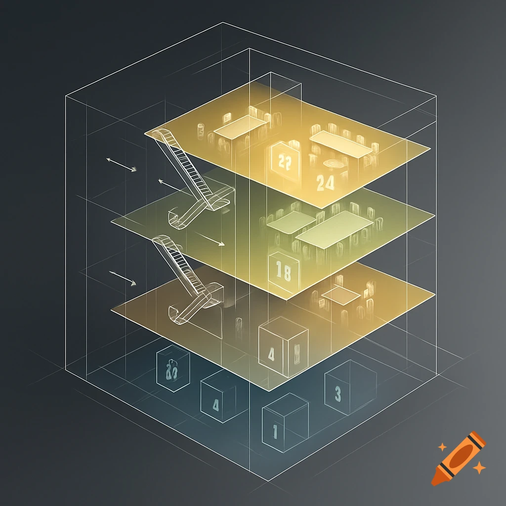 Isometric diagram of a multi-level building showing floors, escalators, and numbered capacity areas within a wireframe cube.