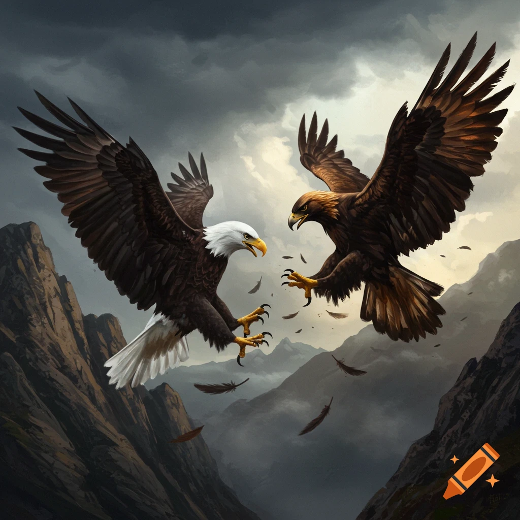 A bald eagle and a golden eagle fiercely fight mid-air in a dramatic mountainous landscape under a stormy sky, feathers flying.