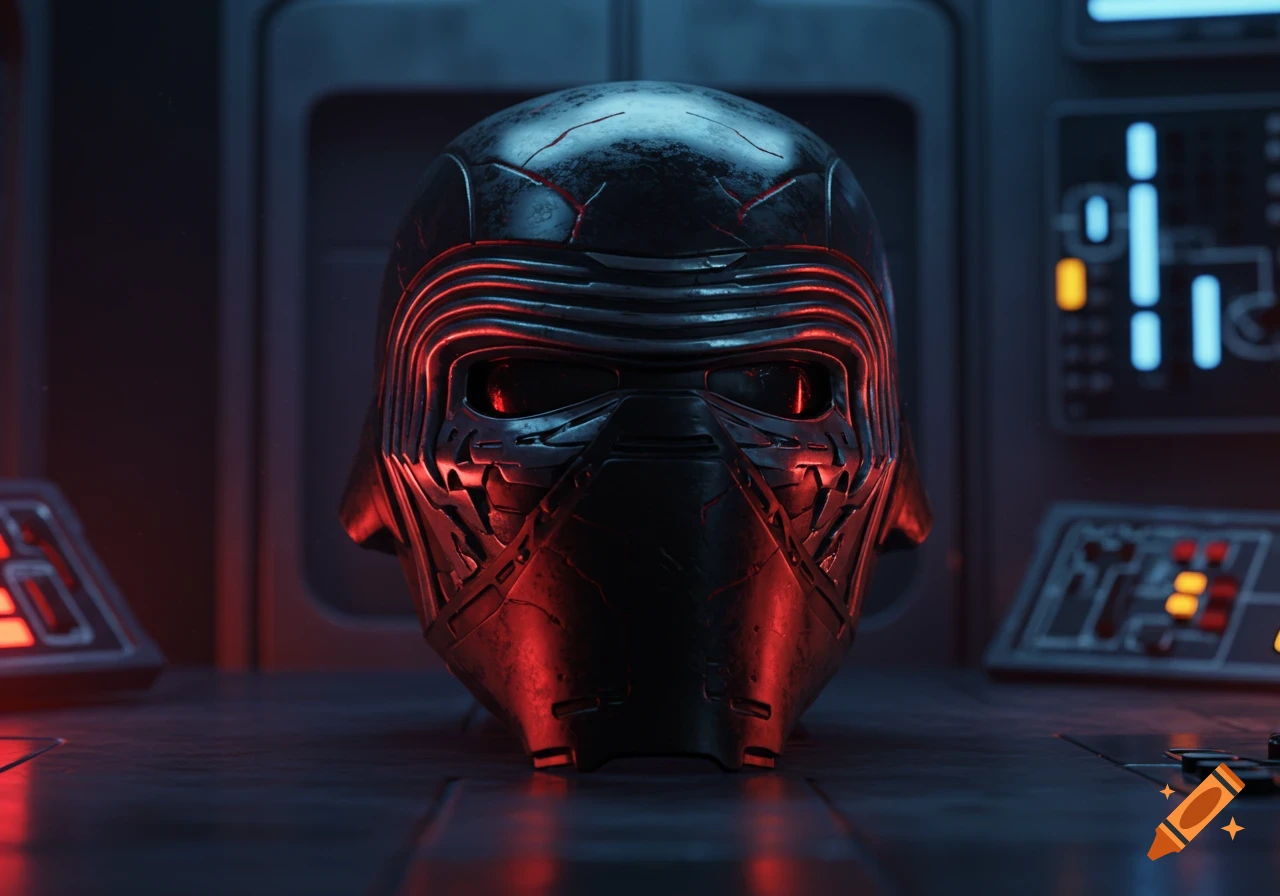 A black Kylo Ren helmet with glowing red cracks and lines sits on a metallic surface in a dark, sci-fi environment.