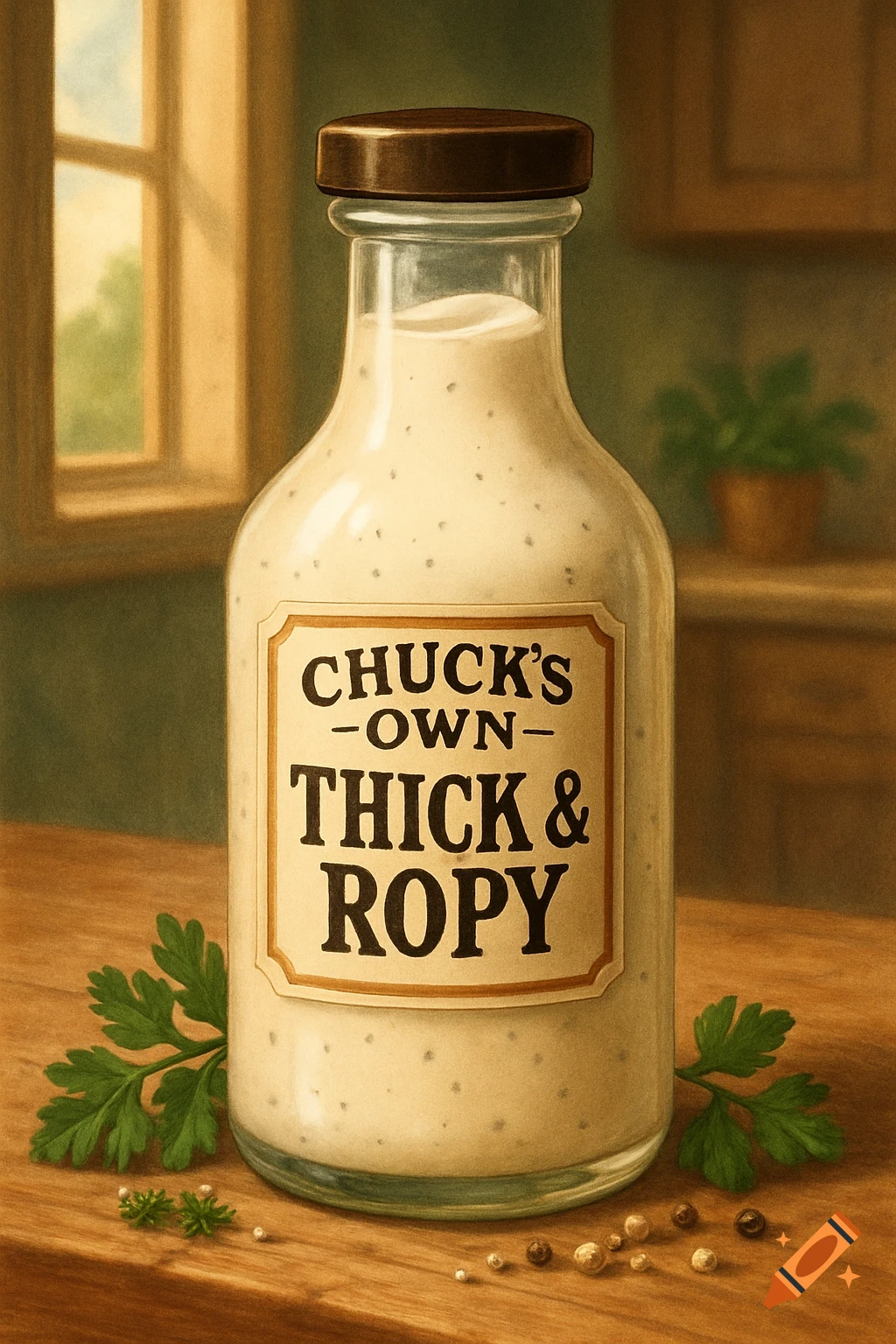 A photorealistic bottle of 'Chuck's Own Thick & Ropy' white salad dressing on a wooden table with parsley and peppercorns.