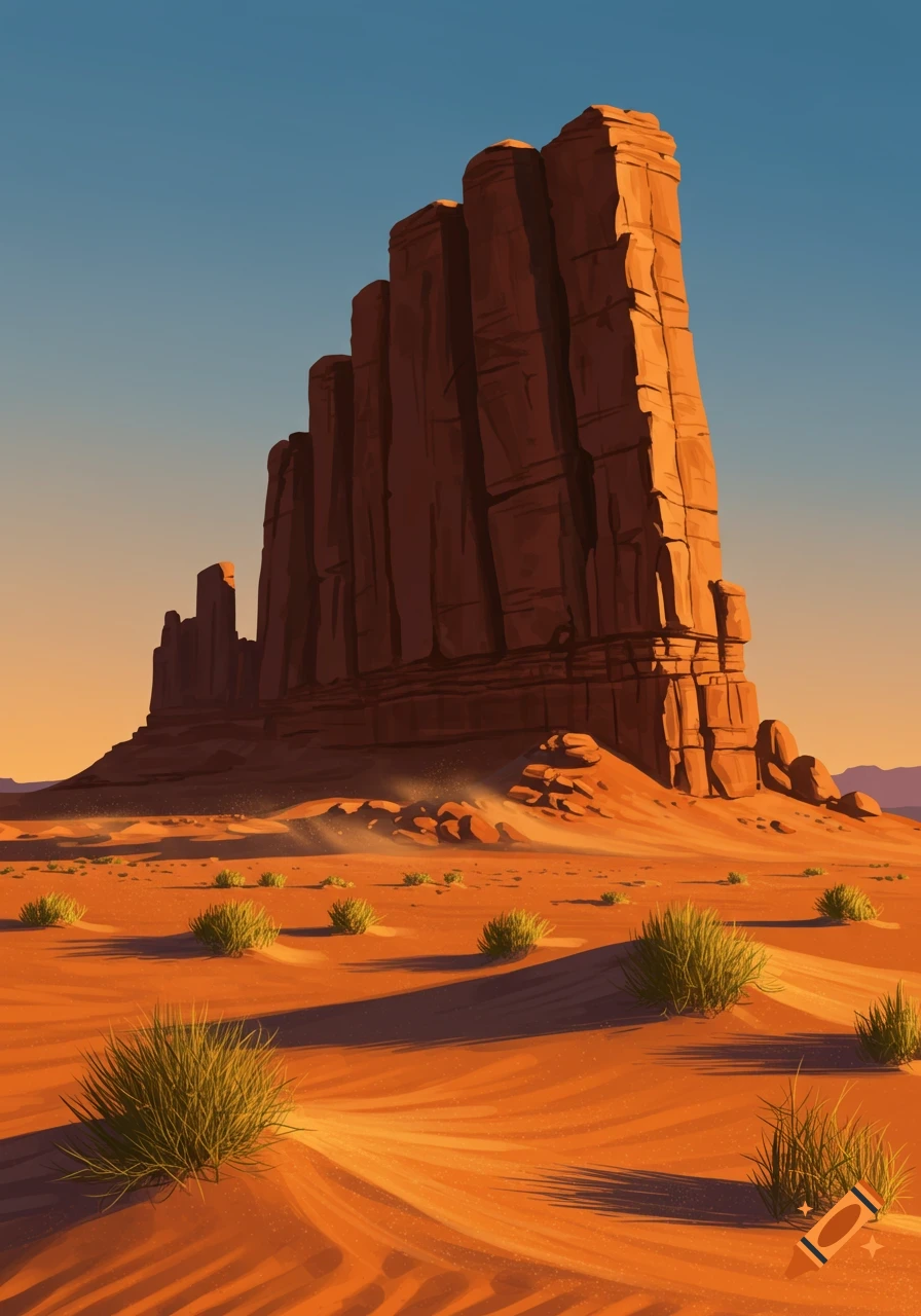 A stylized illustration of massive red rock formations in a sunlit desert with sand dunes and sparse green bushes under a clear sky.