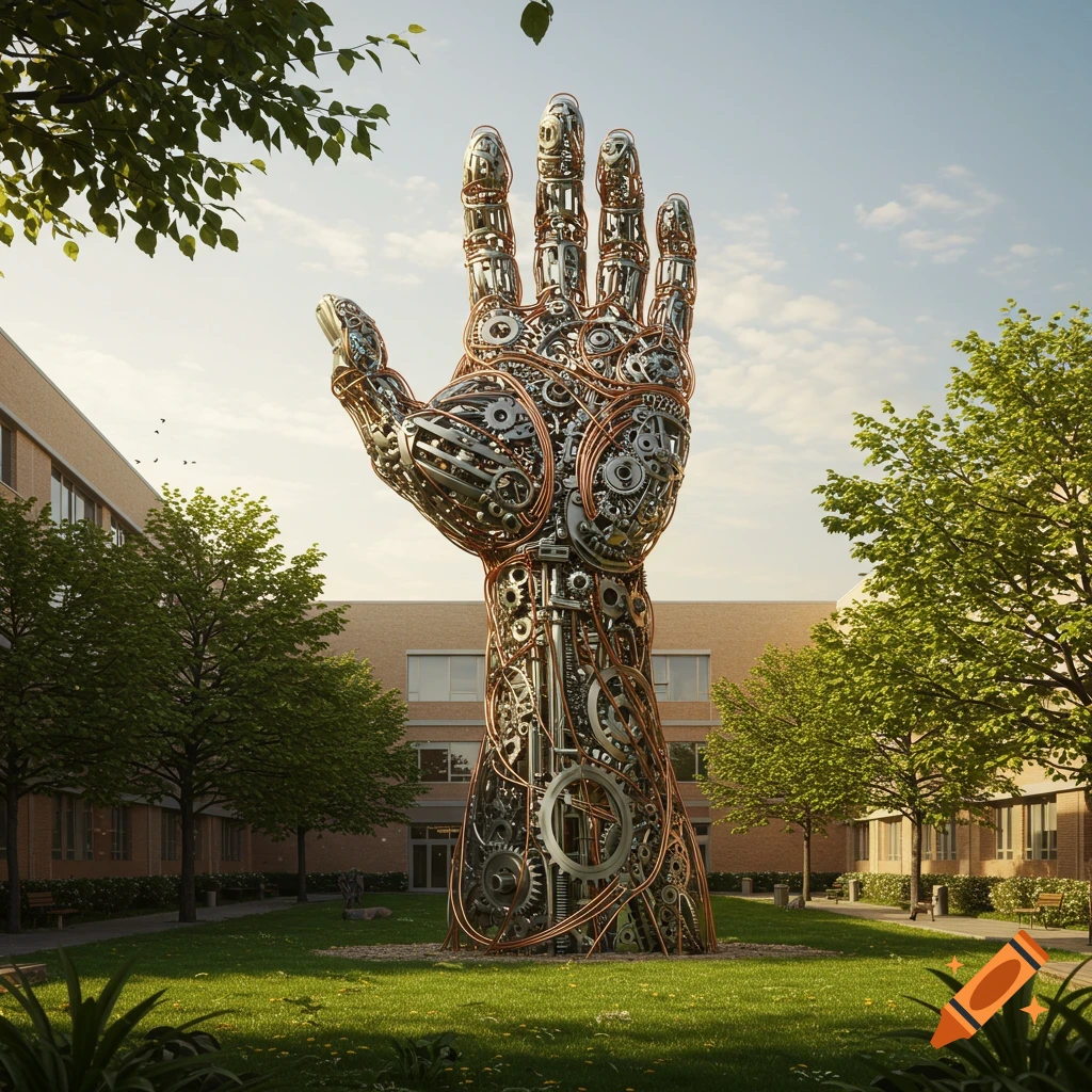 A giant, intricate sculpture of a mechanical hand made of gears and pipes stands in a grassy courtyard surrounded by buildings and trees.