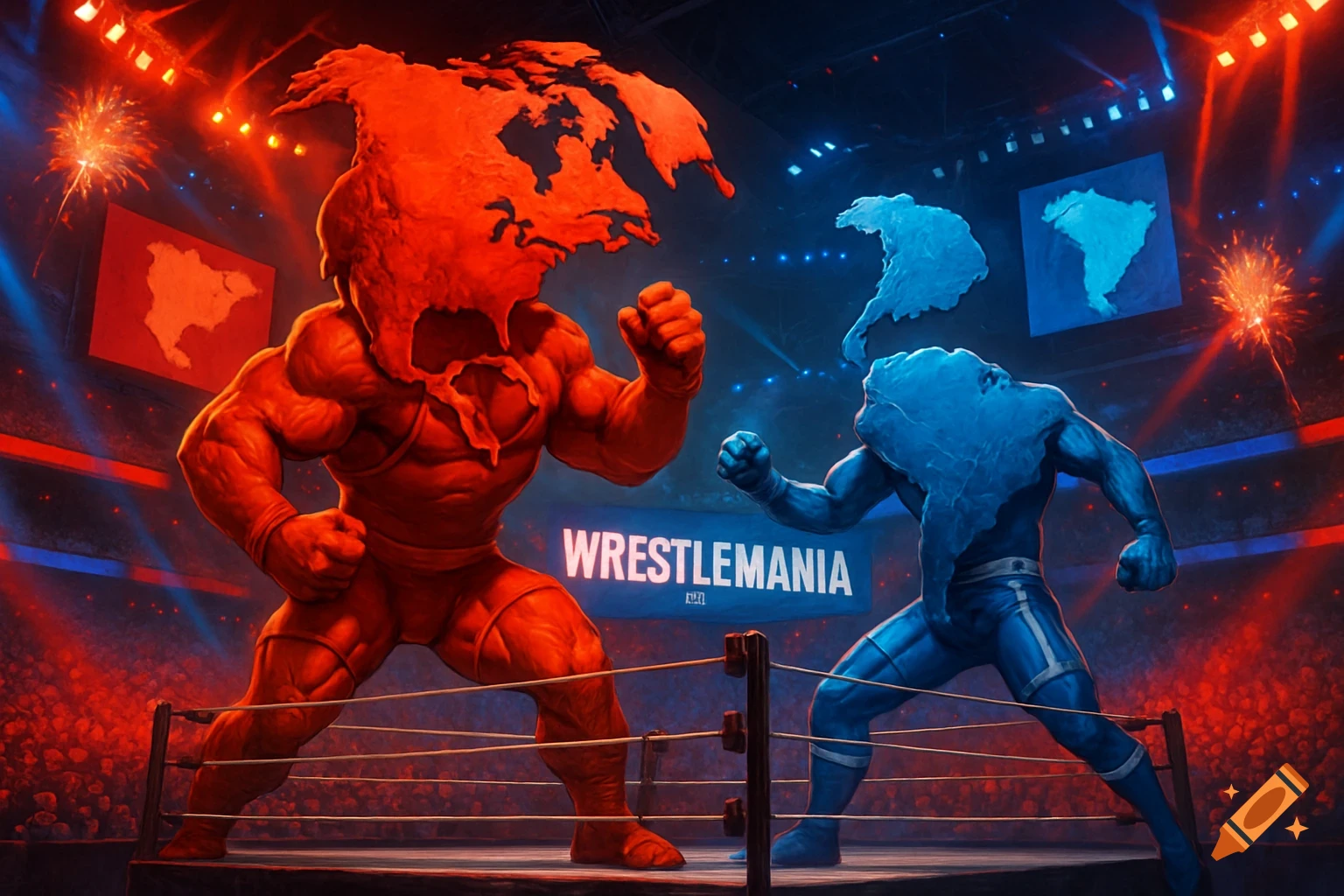 Muscular red North America and blue South America as wrestlers face off in a vibrant WWE WrestleMania stadium.