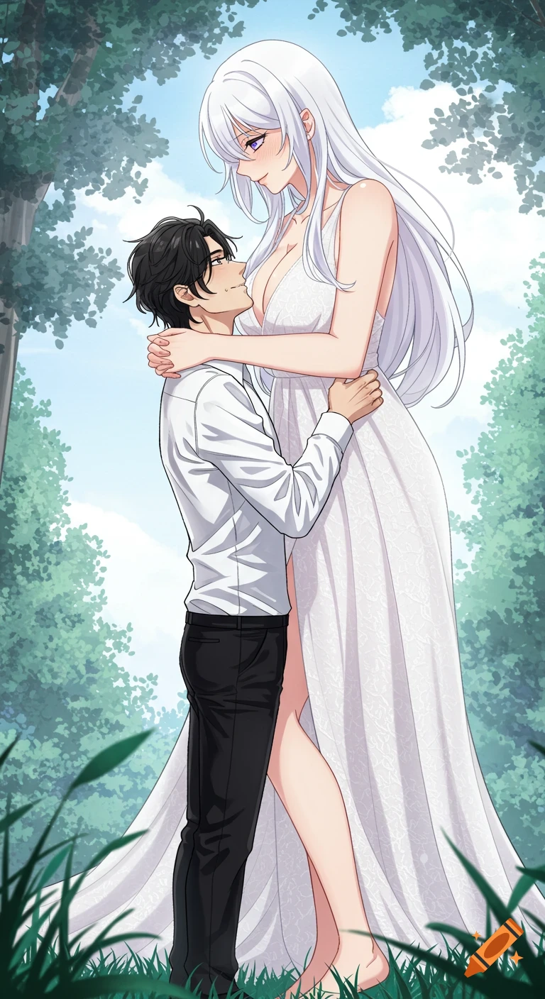 An anime giantess in a white dress lovingly embraces a shorter man in a white shirt and black pants in a forest.