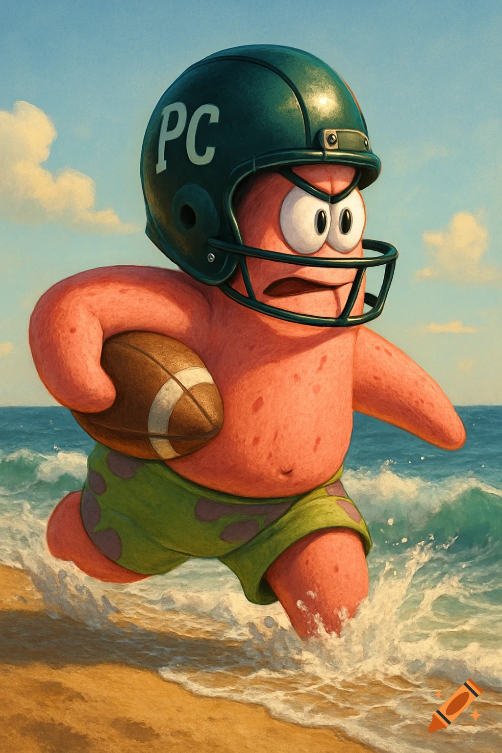 Patrick Star wearing a football helmet with "PC" on it, holding a football, running through ocean water on a beach.