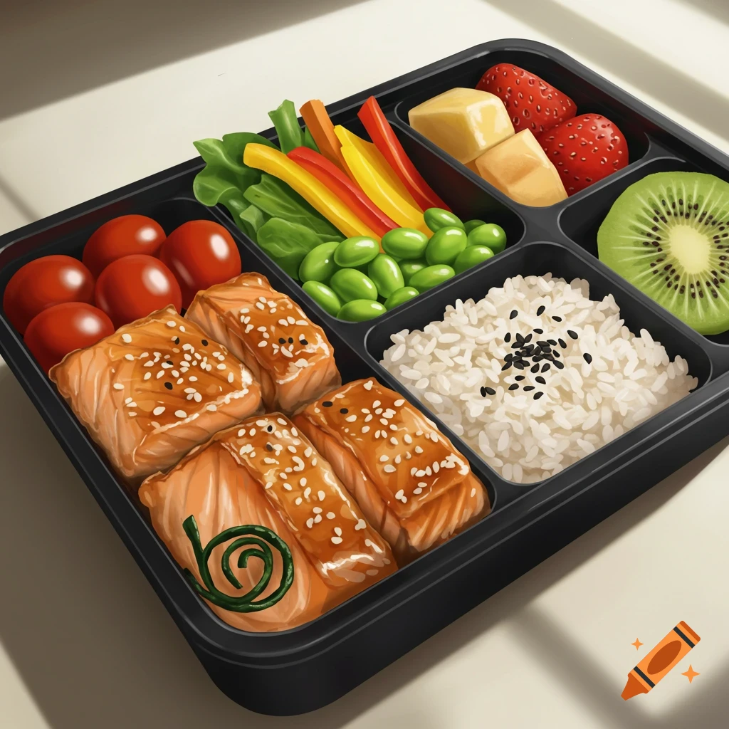 A black bento box filled with salmon, white rice, cherry tomatoes, edamame, bell peppers, strawberries, kiwi, and cheese cubes.