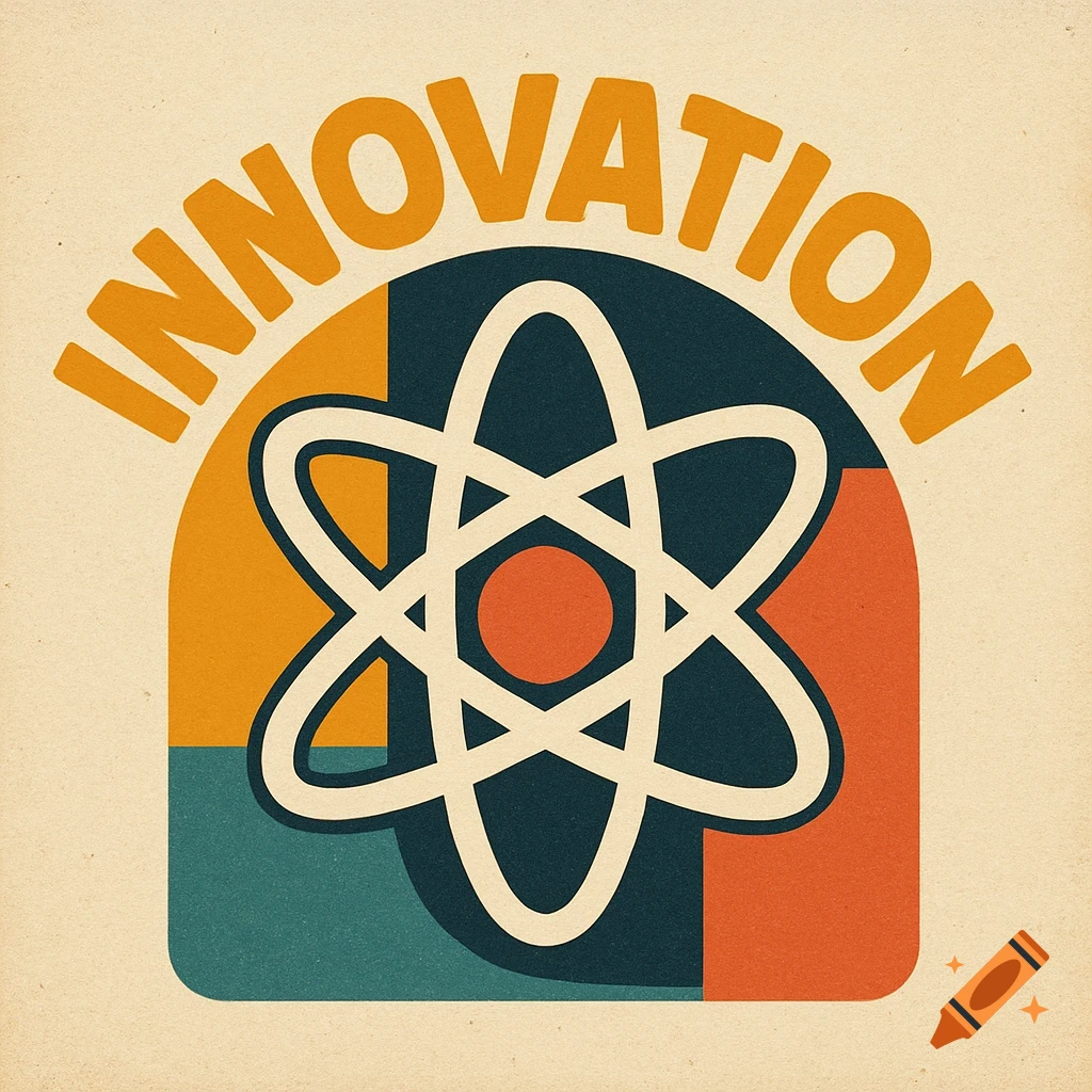 A retro-style logo featuring the word 'INNOVATION' above a stylized atom symbol, with orange, dark blue, and teal colors.