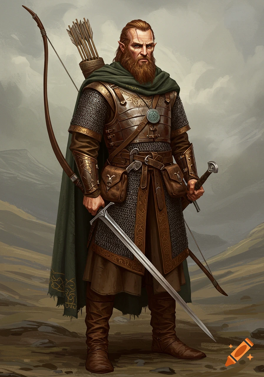 A bearded elf warrior in chainmail and leather armor, green cloak, holding a sword and bow, standing in a barren landscape.