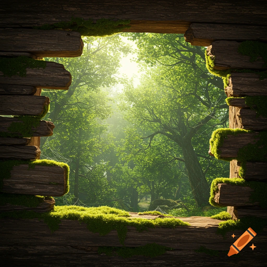 Photorealistic view of a lush green forest with bright sunlight, framed by moss-covered rotten wooden planks.