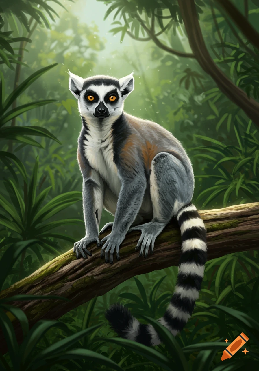 A ring-tailed lemur with bright orange eyes sits on a mossy tree branch in a lush, sun-dappled jungle.