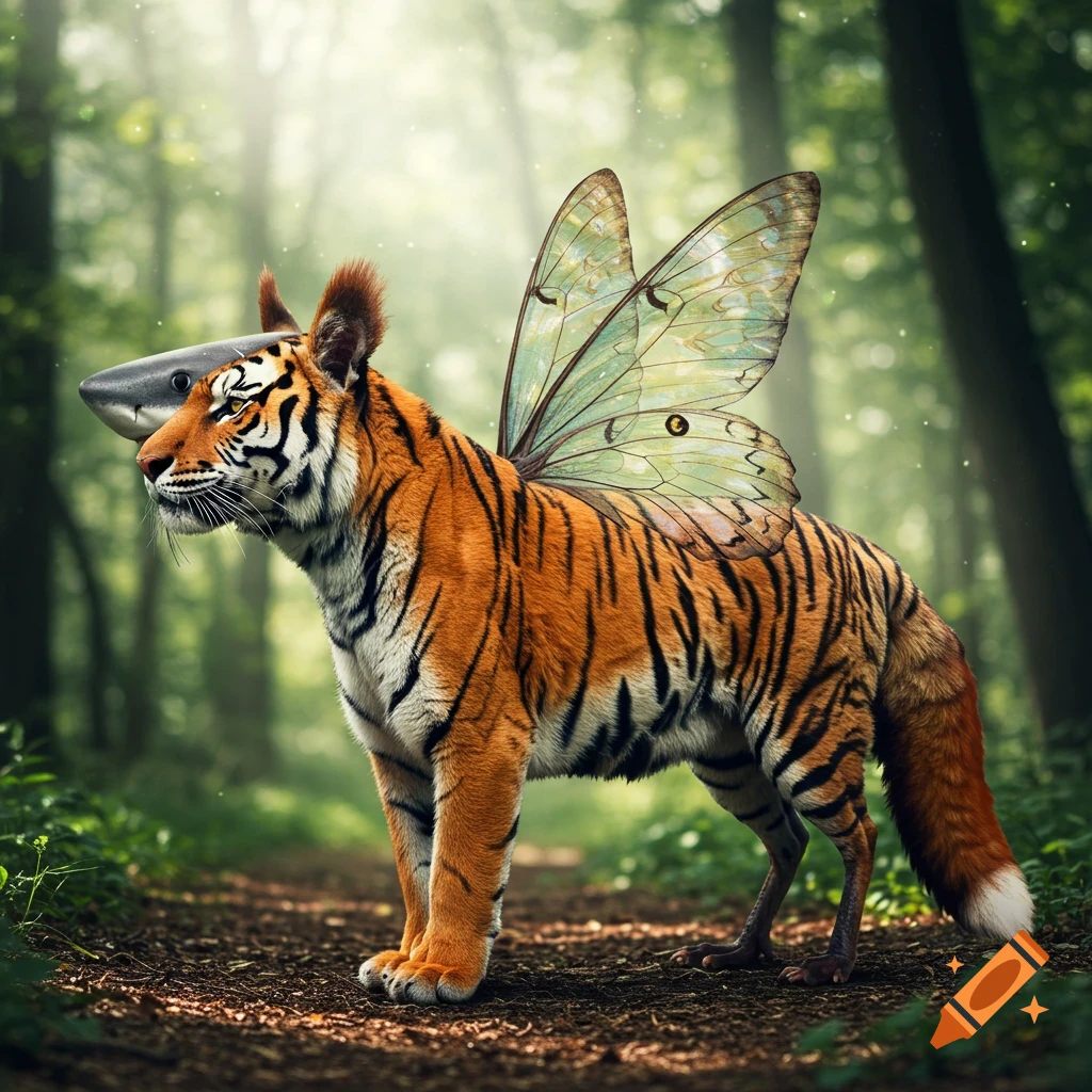A fantastical creature with a tiger's body, a shark's head behind its tiger face, squirrel ears, butterfly wings, chicken legs, and a fox's tail, stands on a forest path.