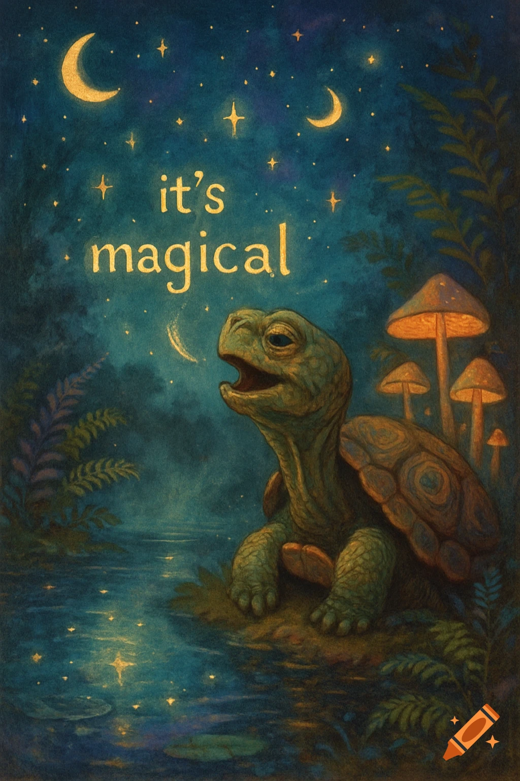 A cute turtle gazes at the magical night sky with glowing mushrooms and water. Text reads "it's magical".
