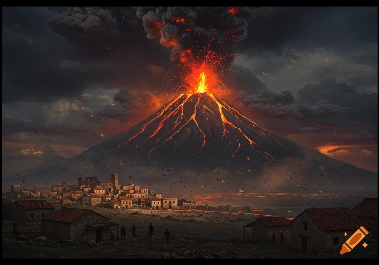 A massive volcano erupts, spewing lava and smoke over a small village at dusk.