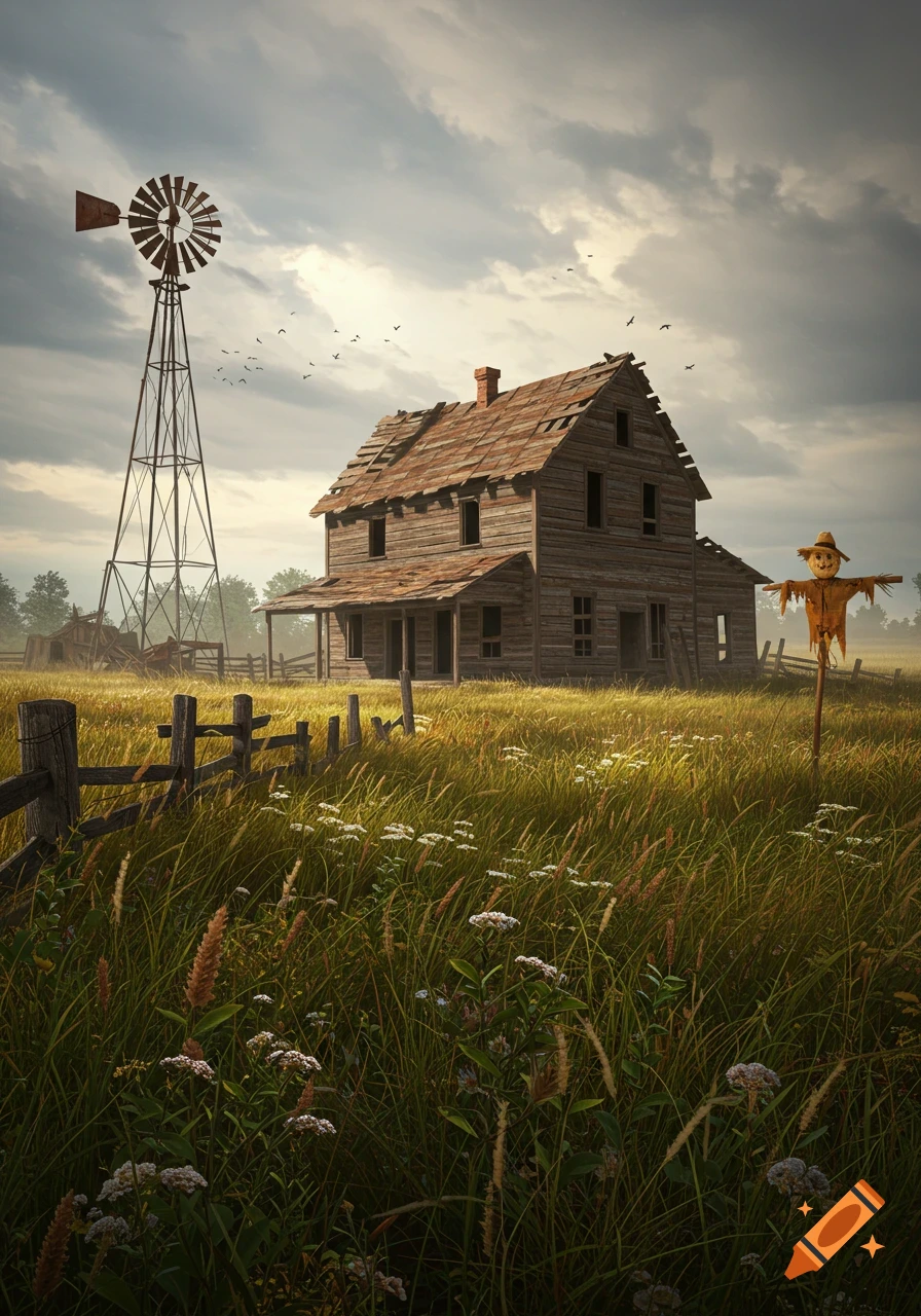 Photorealistic image of a dilapidated wooden homestead with a windmill and scarecrow in a tall grassy field under a cloudy sky.